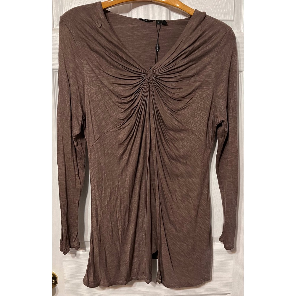 Stera Womens XL Taupe Brown Draped Knot Front V-Neck Long Sleeve Viscose Top NWT